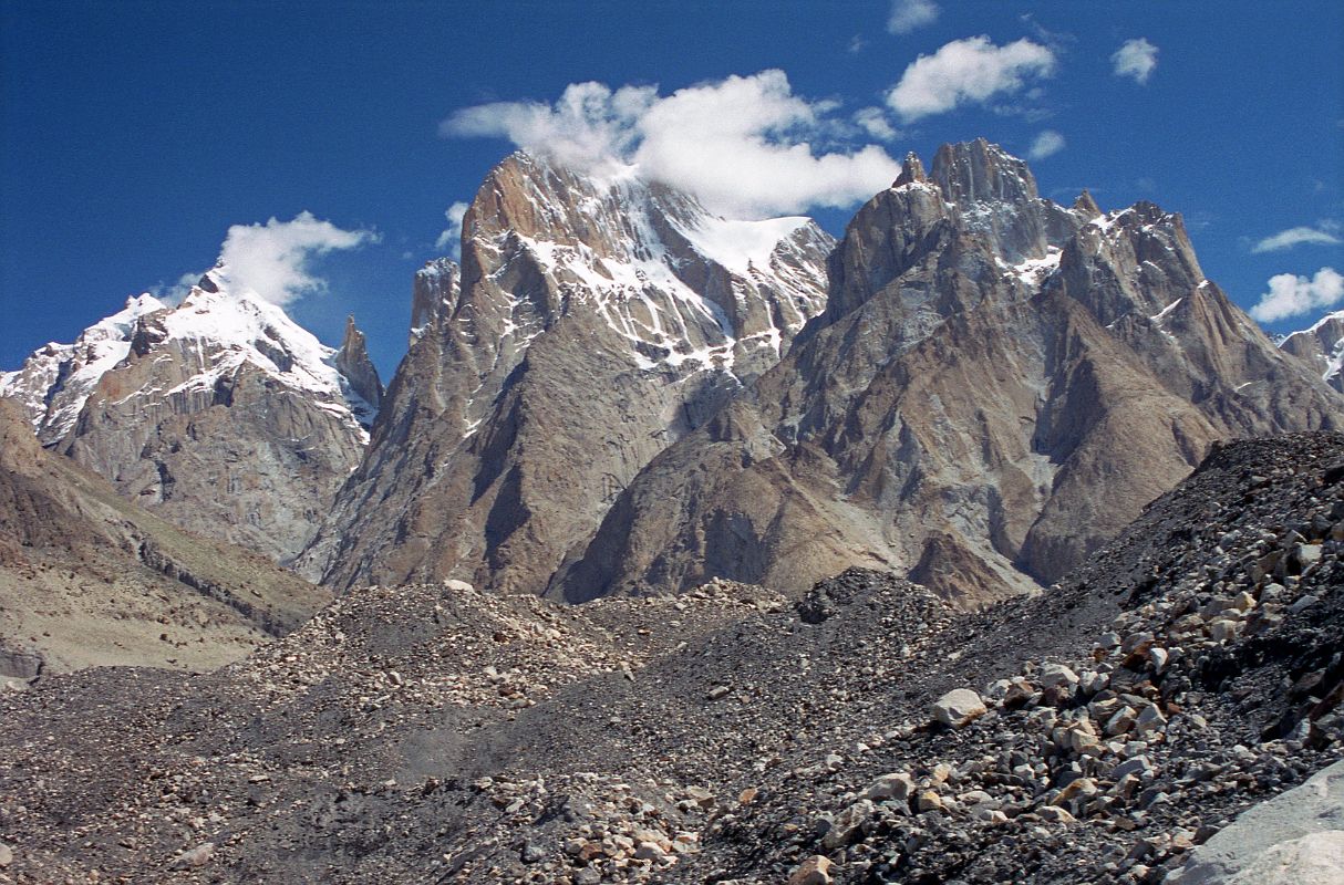 16 Trango Ri, Trango II, Trango Monk, Trango Nameless Tower, Great Trango Tower And Trango Pulpit, Trango Castle From Baltoro Glacier Between Paiju And Khoburtse